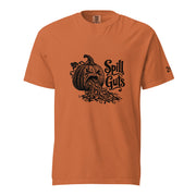 Spill Guts black ink illustration of an expressive carved jack-o'-lantern spilling stringy pumpkin pulp and seeds from its mouth beside decorative hand-lettered text on a unisex t-shirt.