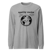 Black ink illustration of Earth with a bandage on its forehead beneath two raining clouds and the words “Apathy Sucks,” shown on a long sleeve tee.