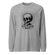 Black ink vintage-style illustration of a weathered human skull surrounded by a celestial halo of stars above the words "Glitter Rot" in bold serif lettering on a long sleeve tee.