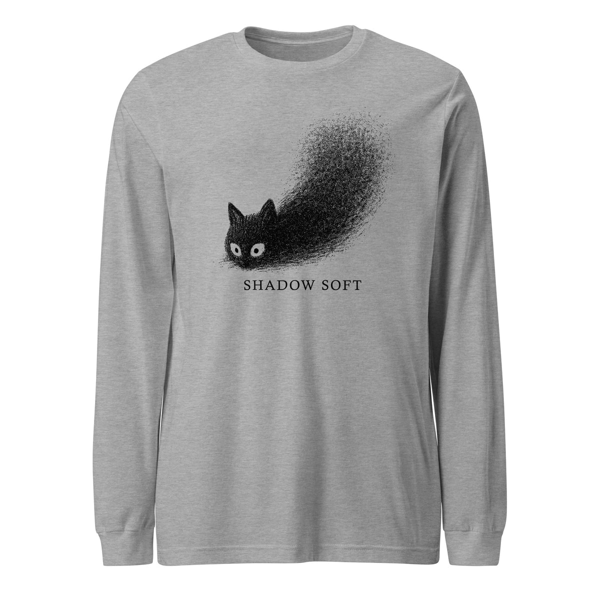 Shadow Soft black cat illustration with wide eyes disappearing into a large stippled black shadow, with vintage typography on a long sleeve tee.