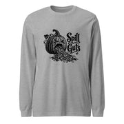 Spill Guts black ink illustration of an expressive carved jack-o'-lantern spilling stringy pumpkin pulp and seeds from its mouth beside decorative hand-lettered text on a long sleeve tee.