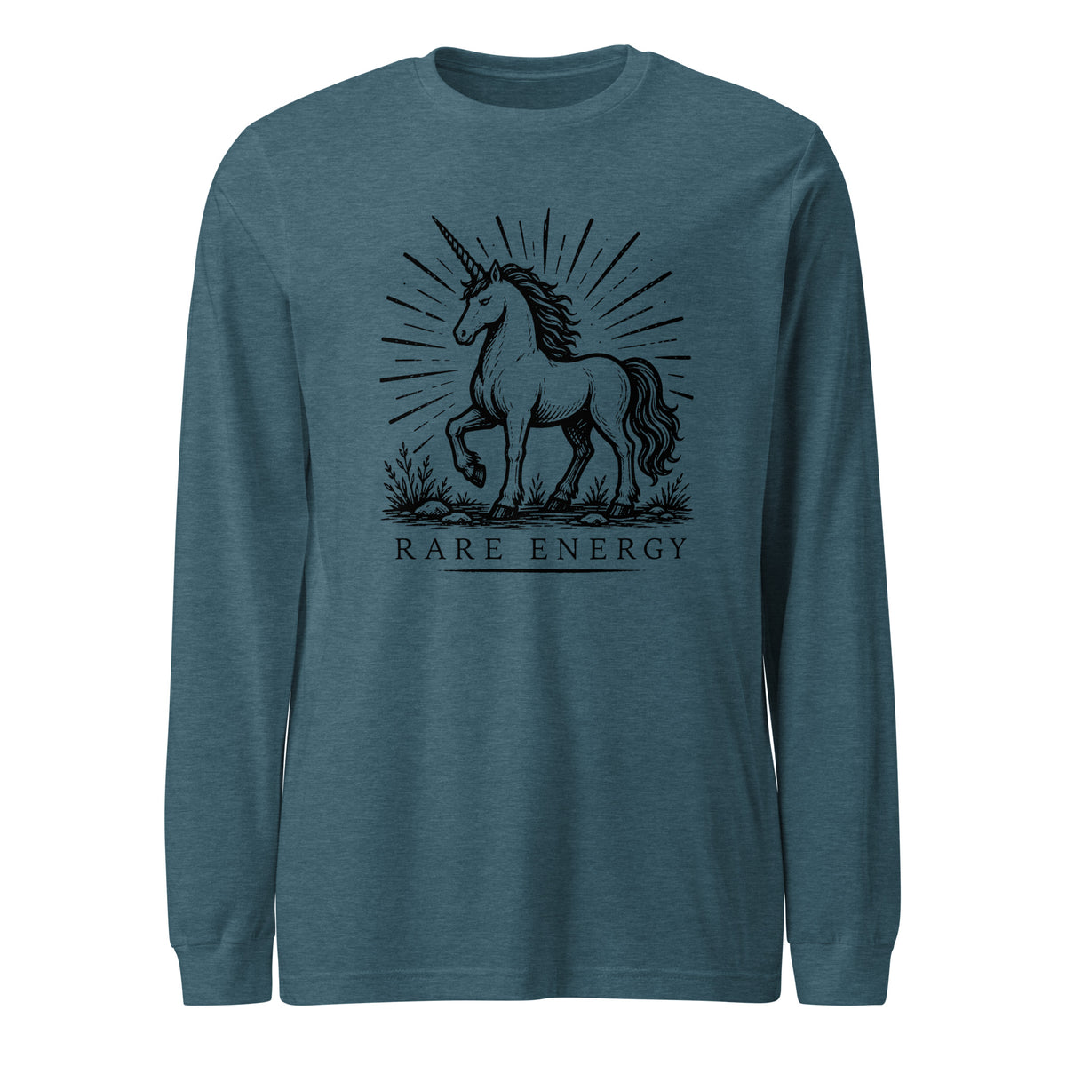 Vintage black-and-white linocut illustration of a majestic unicorn standing beneath radiant sunburst lines with the words "Rare Energy" below in classic serif typography.