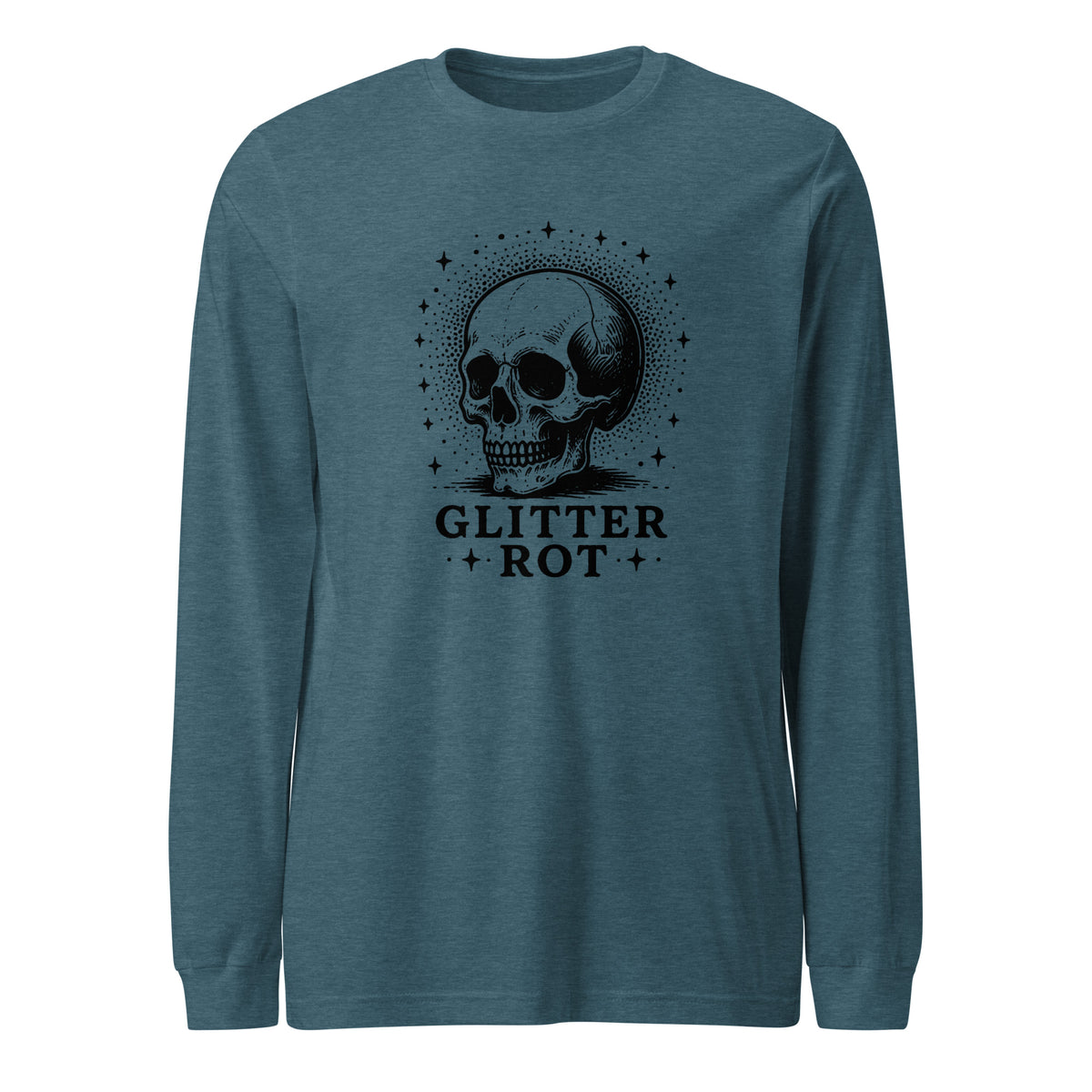 Black ink vintage-style illustration of a weathered human skull surrounded by a celestial halo of stars above the words "Glitter Rot" in bold serif lettering on a long sleeve tee.