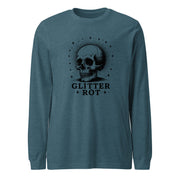 Black ink vintage-style illustration of a weathered human skull surrounded by a celestial halo of stars above the words "Glitter Rot" in bold serif lettering on a long sleeve tee.
