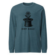 Black vintage-style illustration of a blooming flower growing from a magician's top hat with the words "Dirt Magic" beneath it, rendered in bold botanical line art inspired by classic storybook illustrations on a long-sleeve tee.
