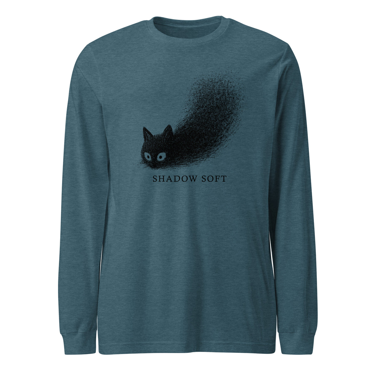 Shadow Soft black cat illustration with wide eyes disappearing into a large stippled black shadow, with vintage typography on a long sleeve tee.
