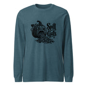 Spill Guts black ink illustration of an expressive carved jack-o'-lantern spilling stringy pumpkin pulp and seeds from its mouth beside decorative hand-lettered text on a long sleeve tee.