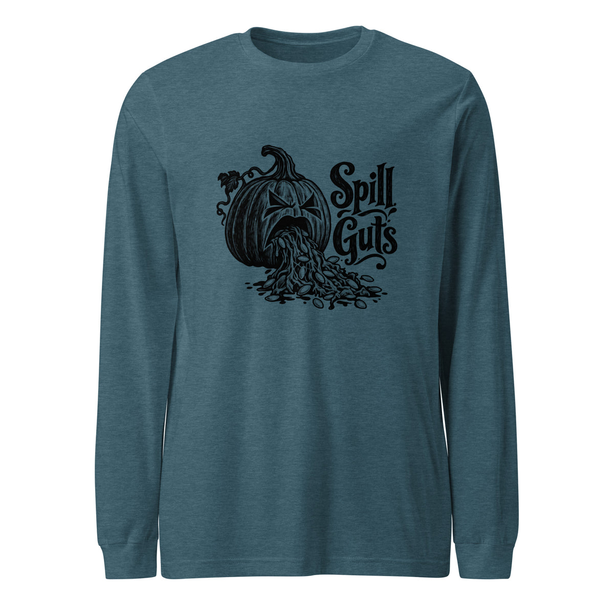 Spill Guts black ink illustration of an expressive carved jack-o'-lantern spilling stringy pumpkin pulp and seeds from its mouth beside decorative hand-lettered text on a long sleeve tee.