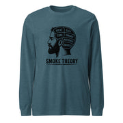 Smoke Theory long sleeve tee featuring a black ink illustration of a bearded man's profile with a phrenology-style head labeled Heat, Salt, Time, Smoke, Patience, and Brisket.