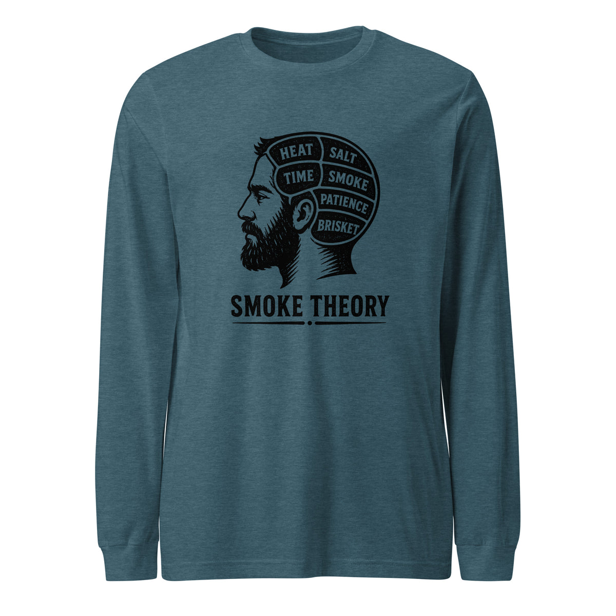 Smoke Theory long sleeve tee featuring a black ink illustration of a bearded man's profile with a phrenology-style head labeled Heat, Salt, Time, Smoke, Patience, and Brisket.