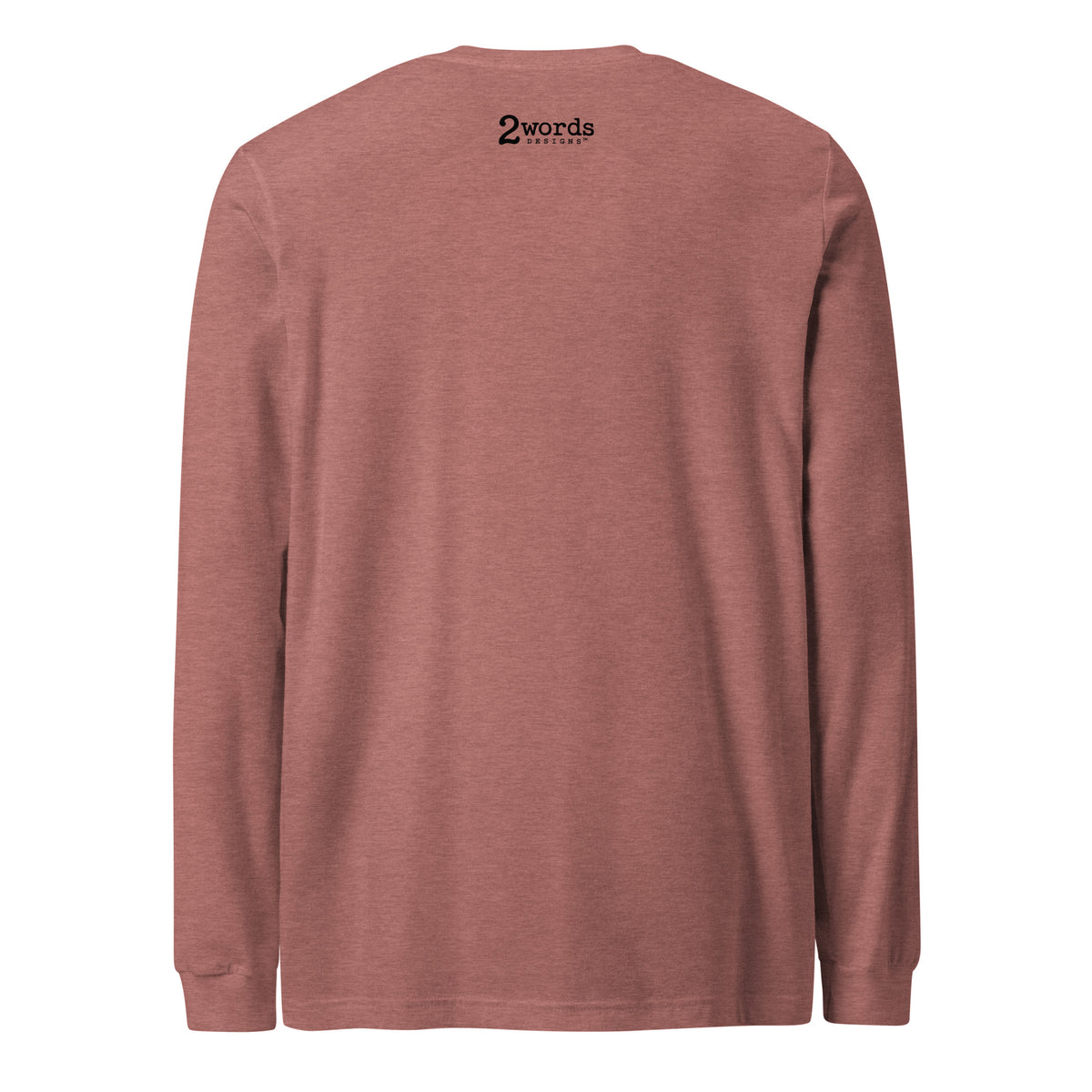 Product mockup, back side of shirt, 2 Words Designs logo.