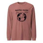 Black ink illustration of Earth with a bandage on its forehead beneath two raining clouds and the words “Apathy Sucks,” shown on a long sleeve tee.