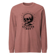 Black ink vintage-style illustration of a weathered human skull surrounded by a celestial halo of stars above the words "Glitter Rot" in bold serif lettering on a long sleeve tee.