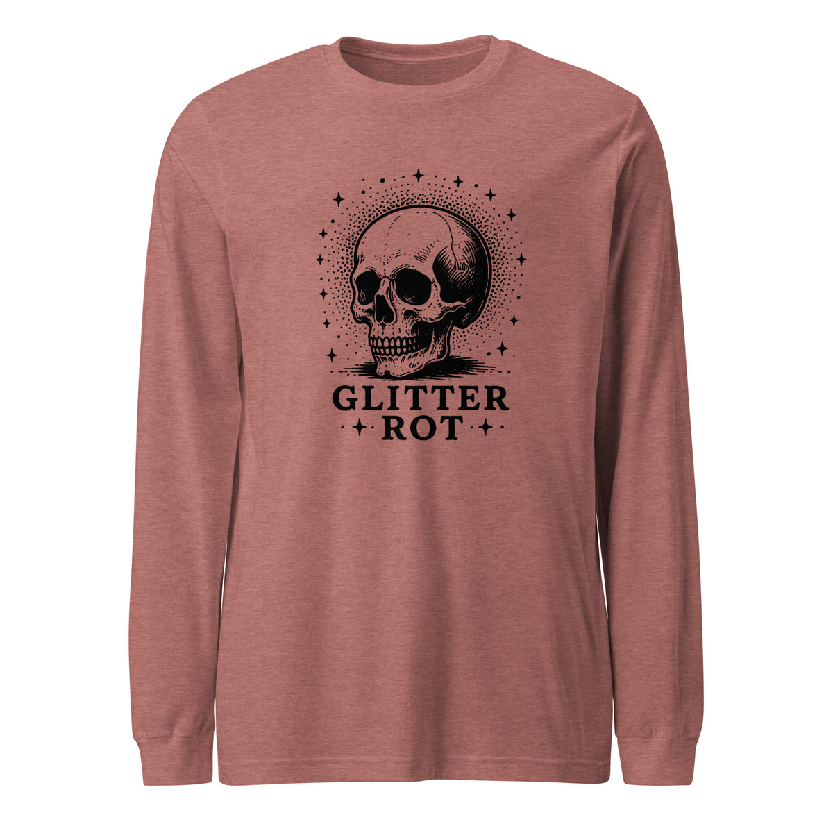 Black ink vintage-style illustration of a weathered human skull surrounded by a celestial halo of stars above the words "Glitter Rot" in bold serif lettering on a long sleeve tee.