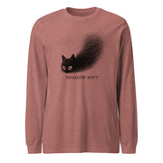 Shadow Soft black cat illustration with wide eyes disappearing into a large stippled black shadow, with vintage typography on a long sleeve tee.