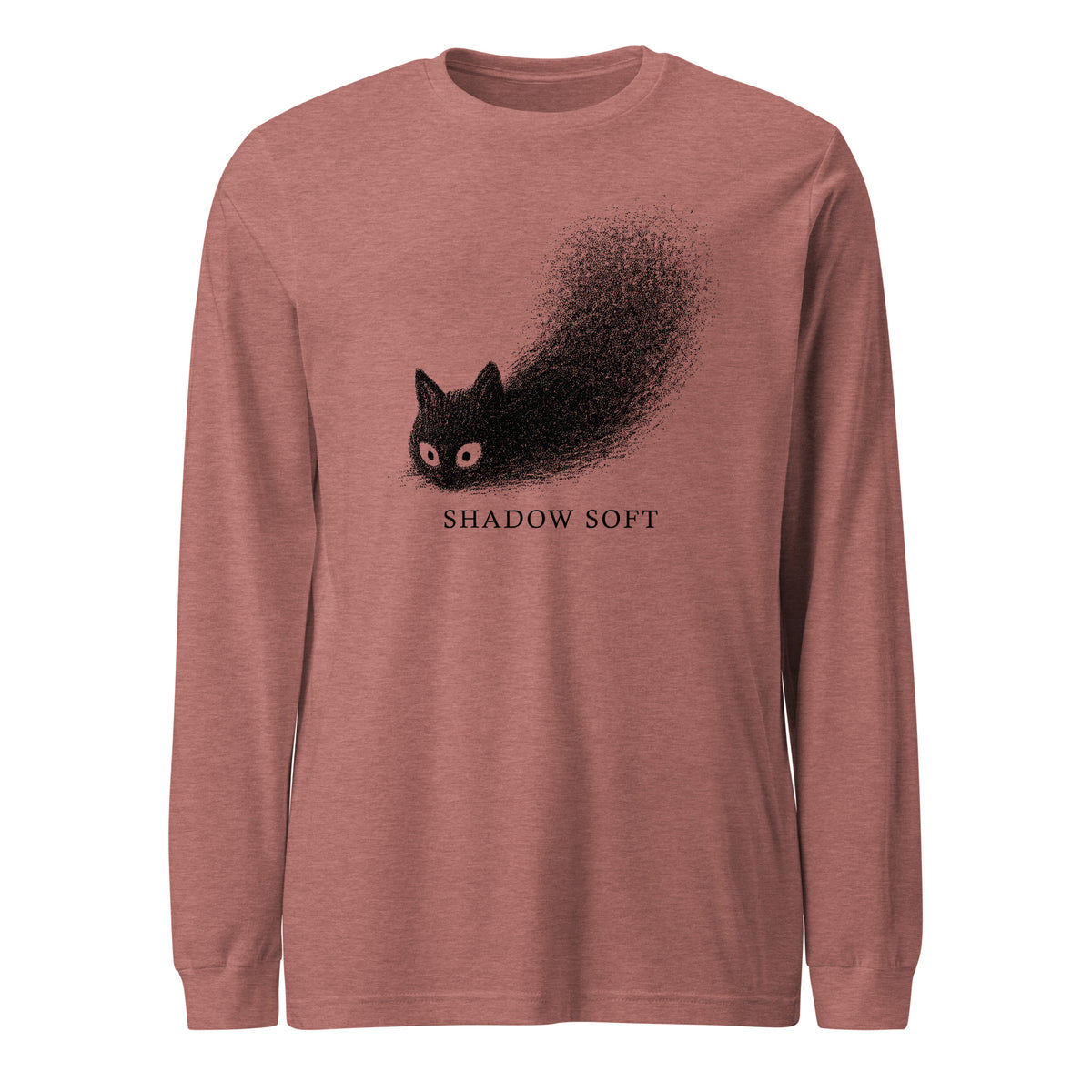 Shadow Soft black cat illustration with wide eyes disappearing into a large stippled black shadow, with vintage typography on a long sleeve tee.