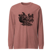 Spill Guts black ink illustration of an expressive carved jack-o'-lantern spilling stringy pumpkin pulp and seeds from its mouth beside decorative hand-lettered text on a long sleeve tee.