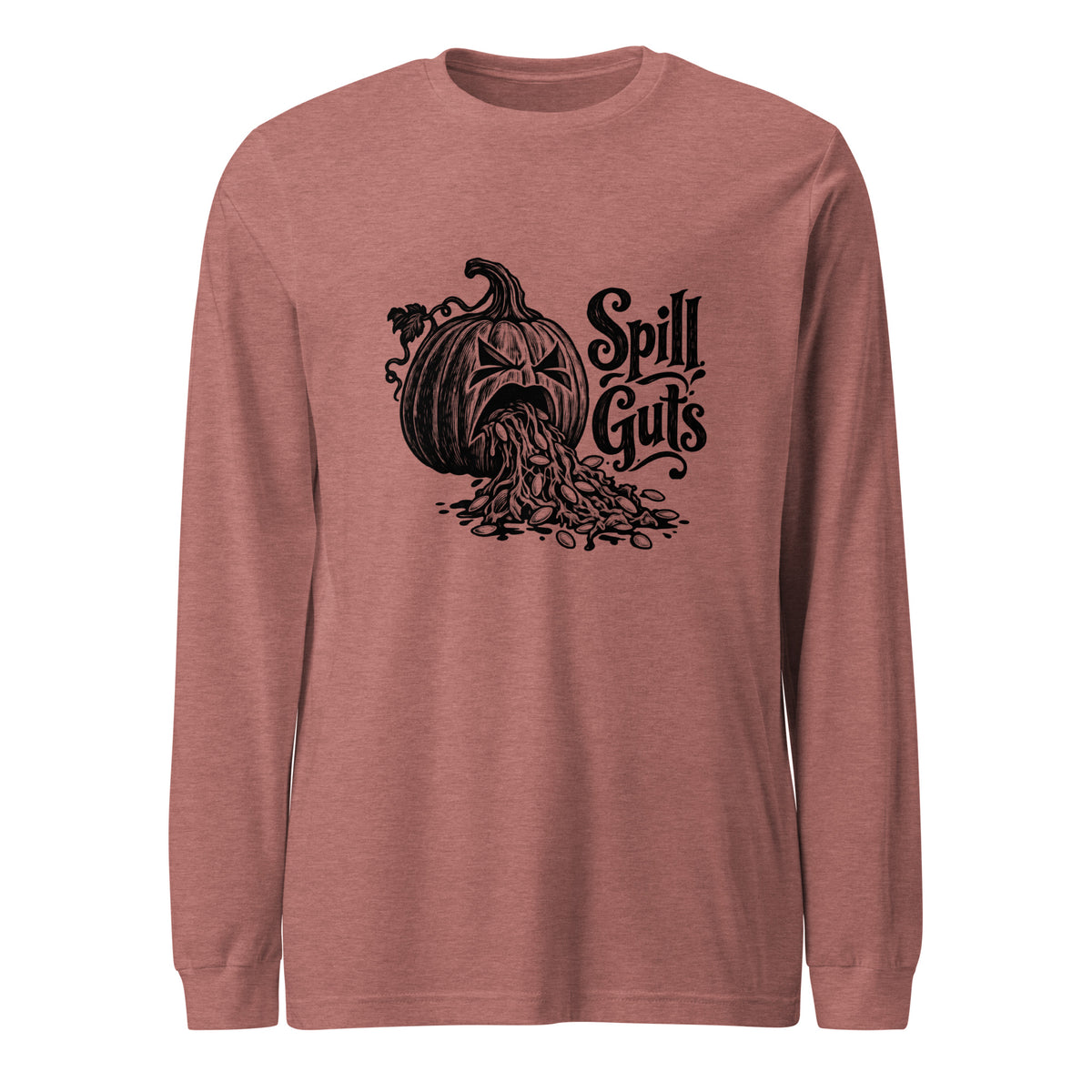 Spill Guts black ink illustration of an expressive carved jack-o'-lantern spilling stringy pumpkin pulp and seeds from its mouth beside decorative hand-lettered text on a long sleeve tee.