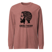Smoke Theory long sleeve tee featuring a black ink illustration of a bearded man's profile with a phrenology-style head labeled Heat, Salt, Time, Smoke, Patience, and Brisket.