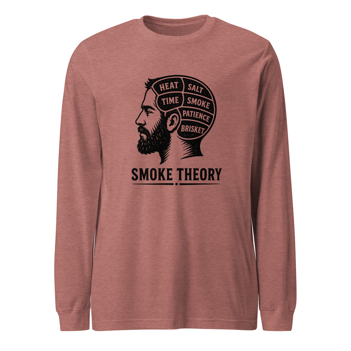 Smoke Theory long sleeve tee featuring a black ink illustration of a bearded man's profile with a phrenology-style head labeled Heat, Salt, Time, Smoke, Patience, and Brisket.