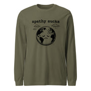 Black ink illustration of Earth with a bandage on its forehead beneath two raining clouds and the words “Apathy Sucks,” shown on a long sleeve tee.