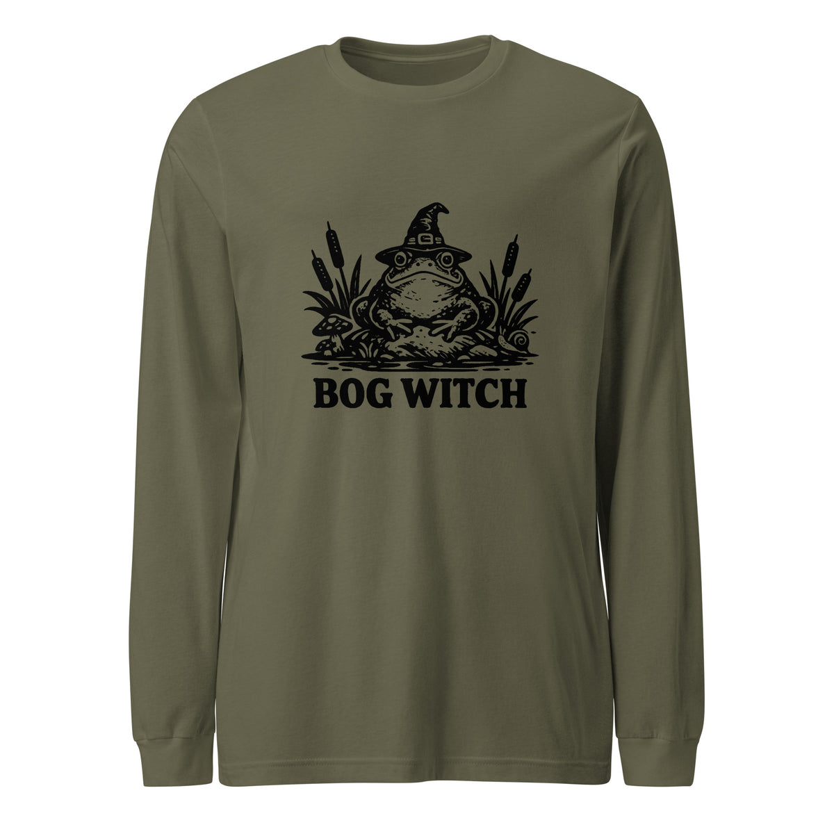Black ink folk art illustration of a wide-eyed frog beneath an oversized pointed witch hat surrounded by cattails and marsh plants, with the words “BOG WITCH,” on a long sleeve tee.