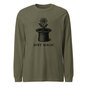 Black vintage-style illustration of a blooming flower growing from a magician's top hat with the words "Dirt Magic" beneath it, rendered in bold botanical line art inspired by classic storybook illustrations on a long-sleeve tee.