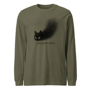 Shadow Soft black cat illustration with wide eyes disappearing into a large stippled black shadow, with vintage typography on a long sleeve tee.
