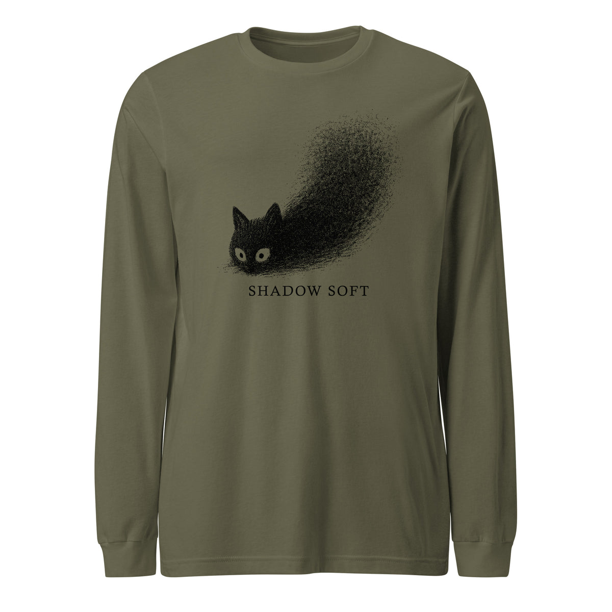 Shadow Soft black cat illustration with wide eyes disappearing into a large stippled black shadow, with vintage typography on a long sleeve tee.