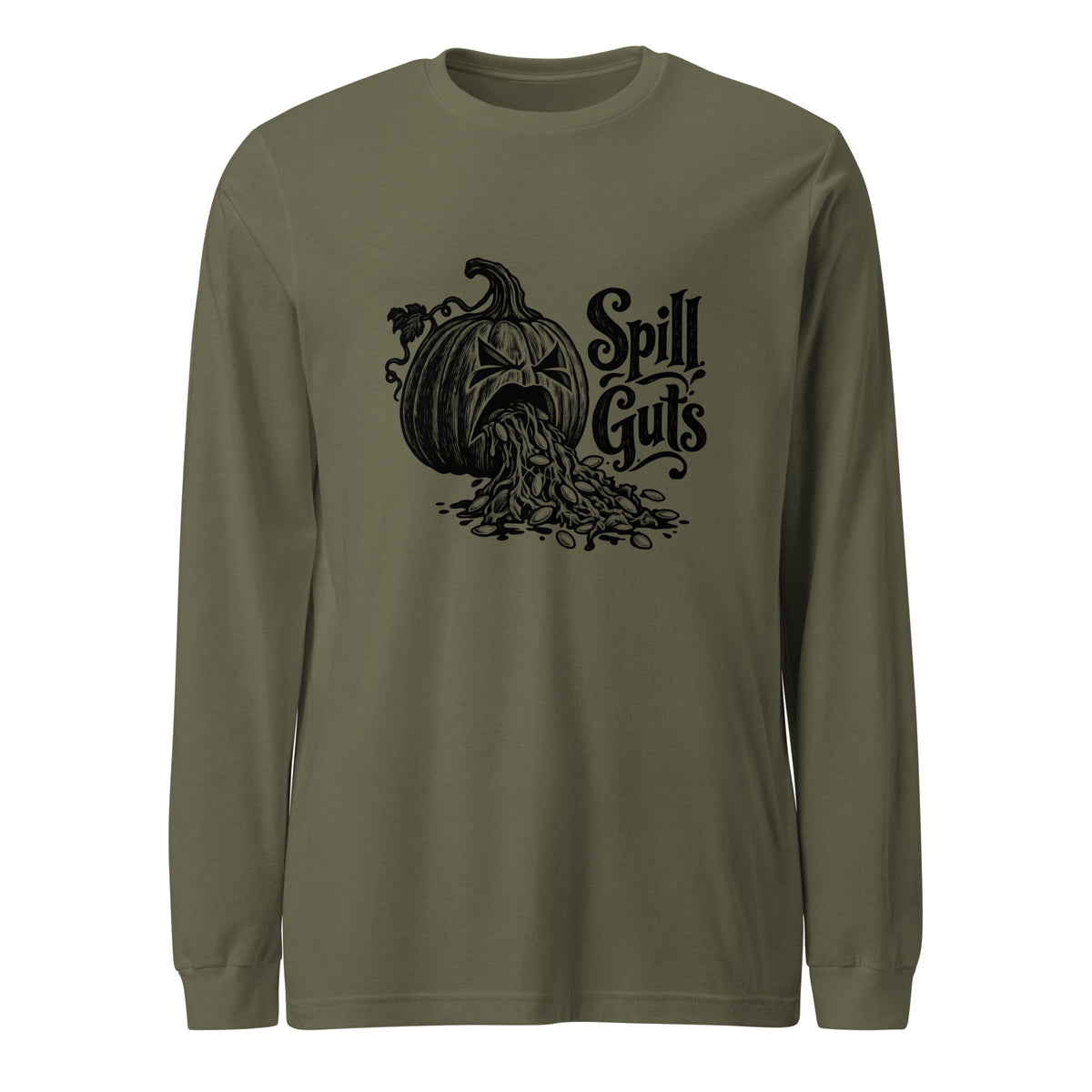 Spill Guts black ink illustration of an expressive carved jack-o'-lantern spilling stringy pumpkin pulp and seeds from its mouth beside decorative hand-lettered text on a long sleeve tee.