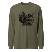 Spill Guts black ink illustration of an expressive carved jack-o'-lantern spilling stringy pumpkin pulp and seeds from its mouth beside decorative hand-lettered text on a long sleeve tee.