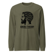 Smoke Theory long sleeve tee featuring a black ink illustration of a bearded man's profile with a phrenology-style head labeled Heat, Salt, Time, Smoke, Patience, and Brisket.
