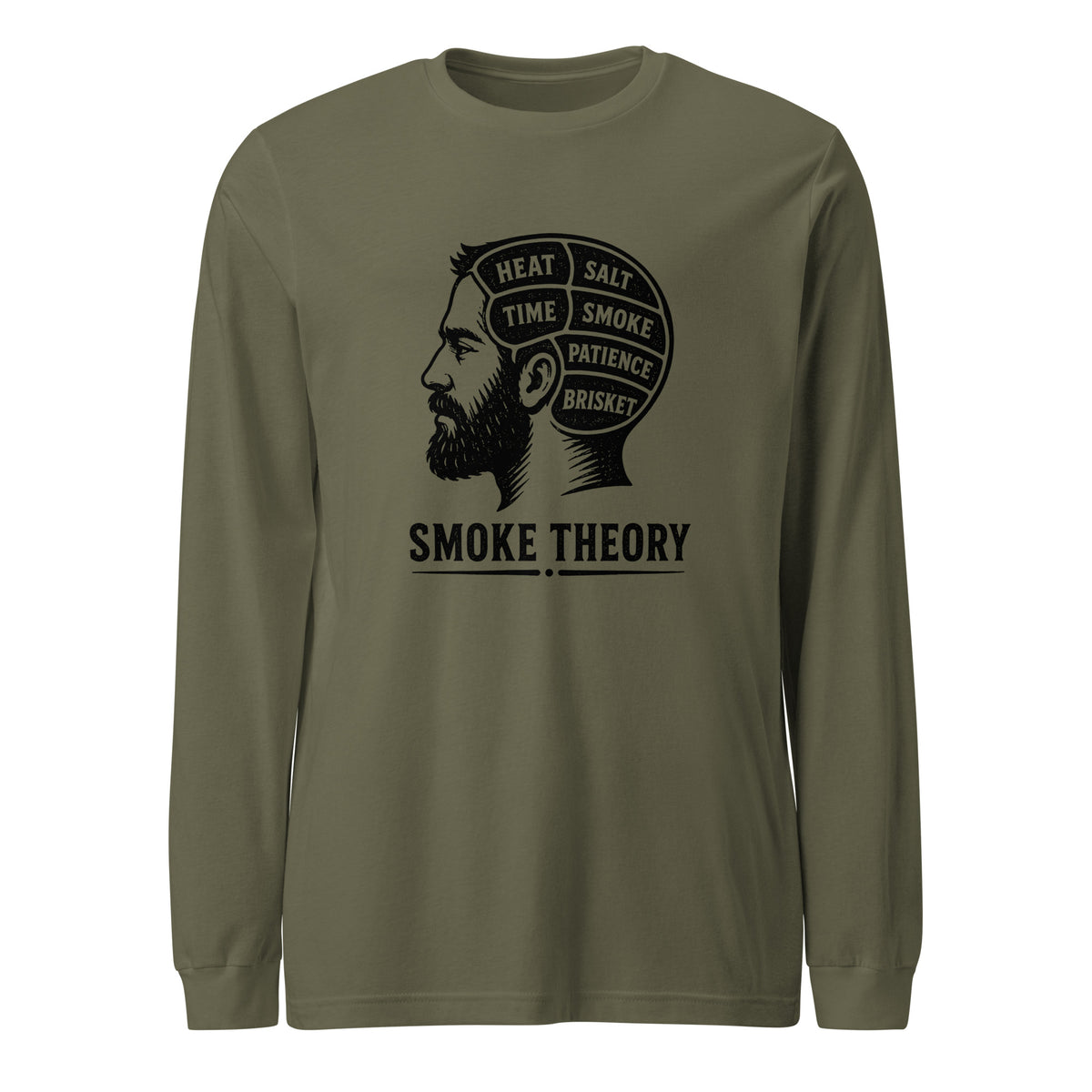 Smoke Theory long sleeve tee featuring a black ink illustration of a bearded man's profile with a phrenology-style head labeled Heat, Salt, Time, Smoke, Patience, and Brisket.