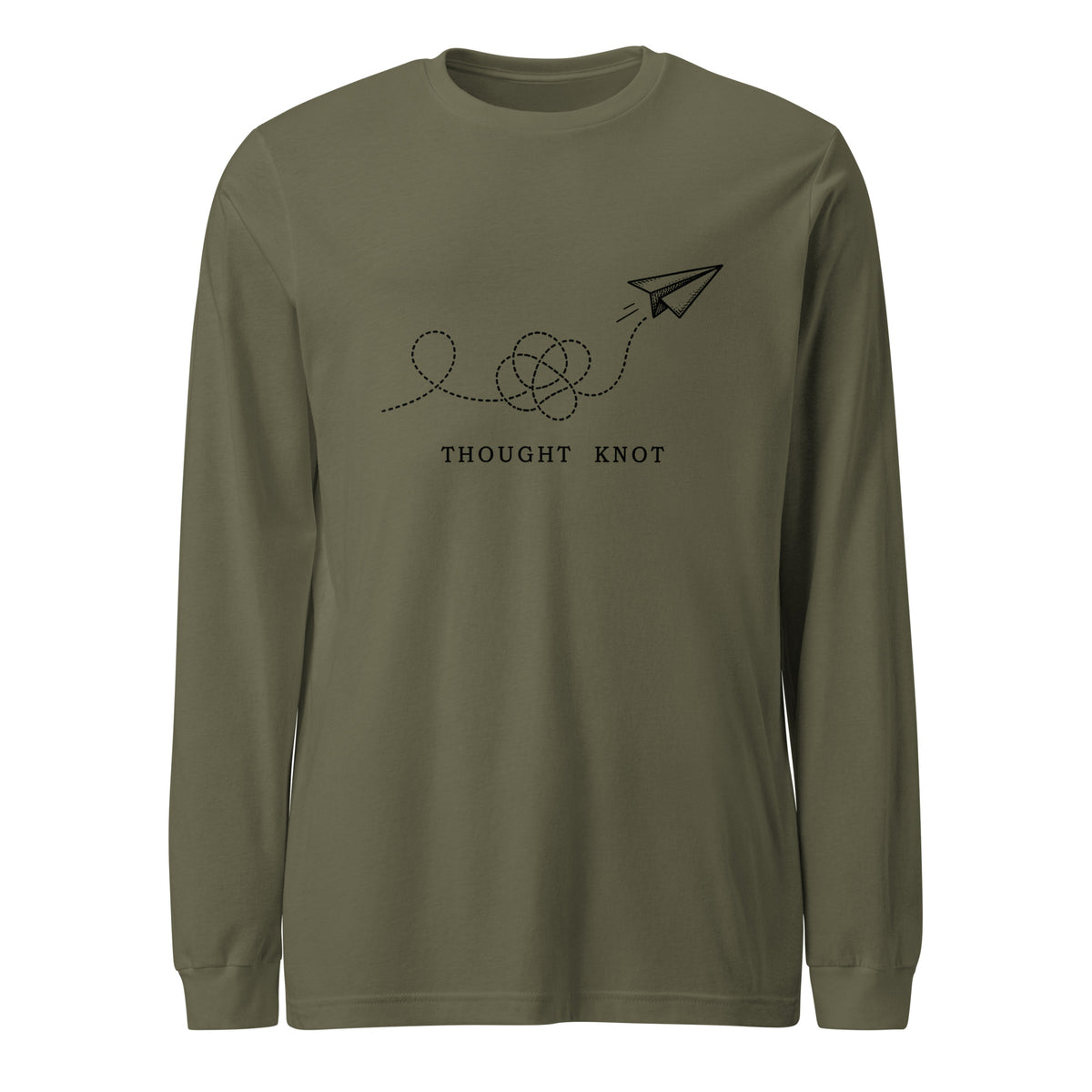 Thought Knot long sleeve t-shirt featuring a hand-drawn paper airplane and looping flight trail.