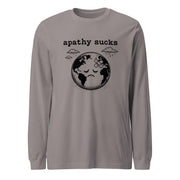 Black ink illustration of Earth with a bandage on its forehead beneath two raining clouds and the words “Apathy Sucks,” shown on a long sleeve tee.