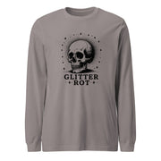 Black ink vintage-style illustration of a weathered human skull surrounded by a celestial halo of stars above the words "Glitter Rot" in bold serif lettering on a long sleeve tee.