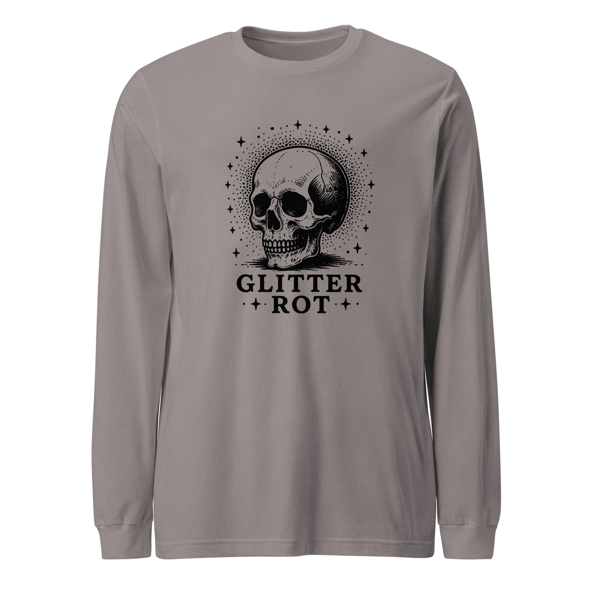 Black ink vintage-style illustration of a weathered human skull surrounded by a celestial halo of stars above the words "Glitter Rot" in bold serif lettering on a long sleeve tee.