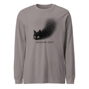 Shadow Soft black cat illustration with wide eyes disappearing into a large stippled black shadow, with vintage typography on a long sleeve tee.