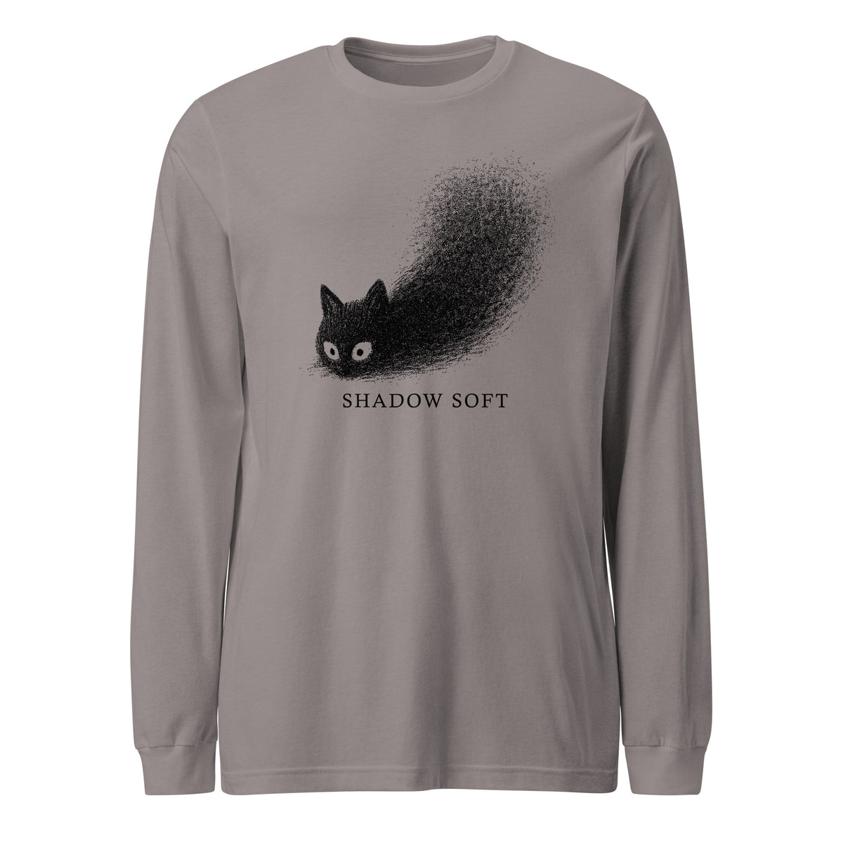 Shadow Soft black cat illustration with wide eyes disappearing into a large stippled black shadow, with vintage typography on a long sleeve tee.