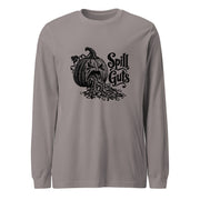 Spill Guts black ink illustration of an expressive carved jack-o'-lantern spilling stringy pumpkin pulp and seeds from its mouth beside decorative hand-lettered text on a long sleeve tee.