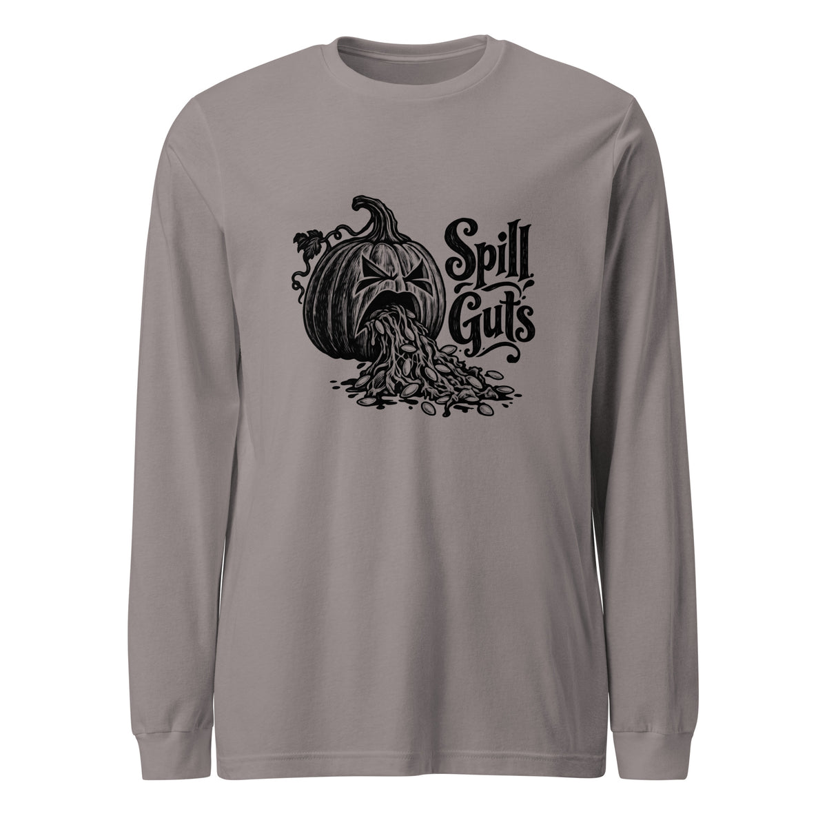 Spill Guts black ink illustration of an expressive carved jack-o'-lantern spilling stringy pumpkin pulp and seeds from its mouth beside decorative hand-lettered text on a long sleeve tee.