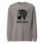 Smoke Theory long sleeve tee featuring a black ink illustration of a bearded man's profile with a phrenology-style head labeled Heat, Salt, Time, Smoke, Patience, and Brisket.