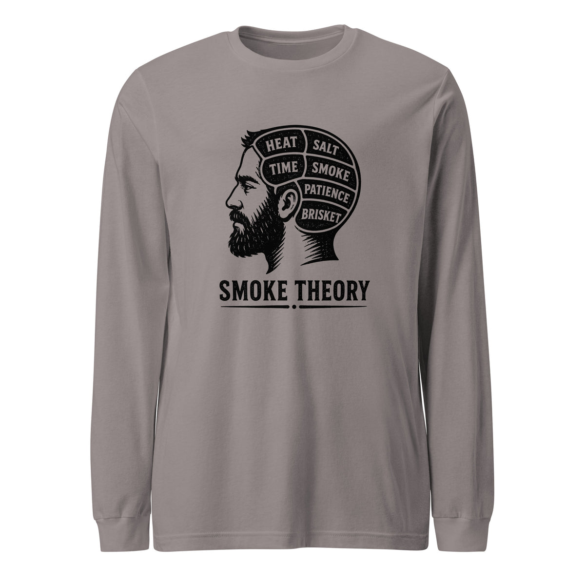Smoke Theory long sleeve tee featuring a black ink illustration of a bearded man's profile with a phrenology-style head labeled Heat, Salt, Time, Smoke, Patience, and Brisket.