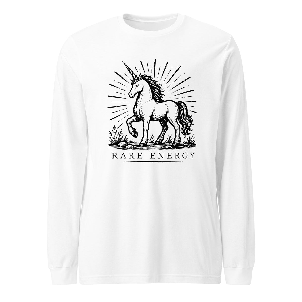 Vintage black-and-white linocut illustration of a majestic unicorn standing beneath radiant sunburst lines with the words "Rare Energy" below in classic serif typography.