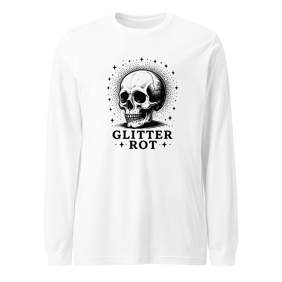 Black ink vintage-style illustration of a weathered human skull surrounded by a celestial halo of stars above the words "Glitter Rot" in bold serif lettering on a long sleeve tee.