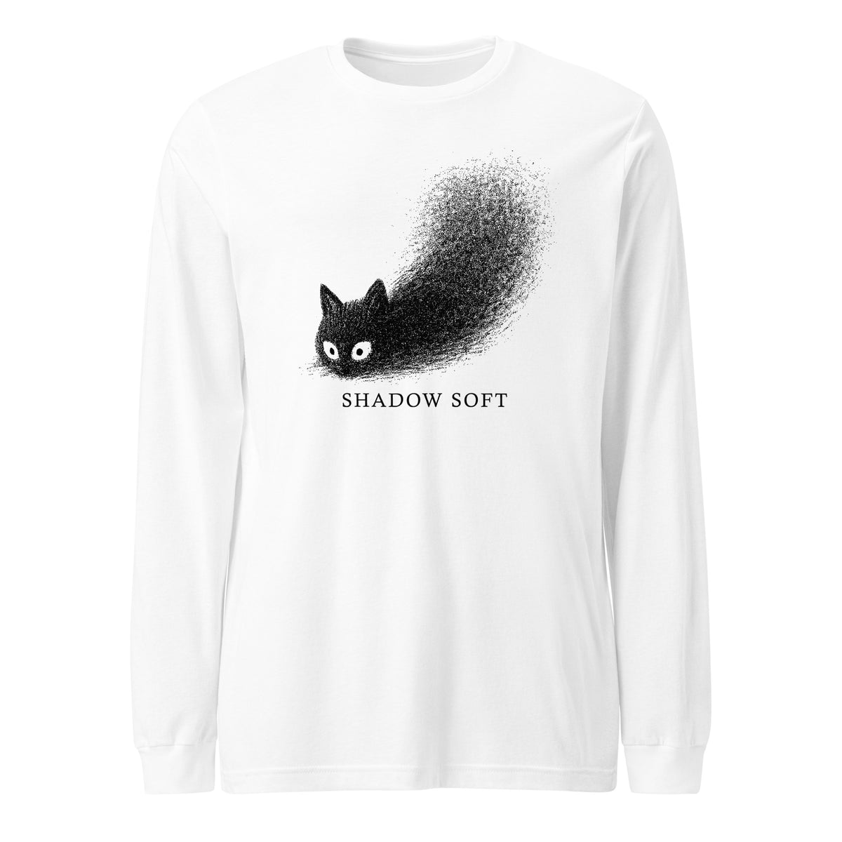 Shadow Soft black cat illustration with wide eyes disappearing into a large stippled black shadow, with vintage typography on a long sleeve tee.