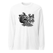 Spill Guts black ink illustration of an expressive carved jack-o'-lantern spilling stringy pumpkin pulp and seeds from its mouth beside decorative hand-lettered text on a long sleeve tee.