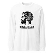 Smoke Theory long sleeve tee featuring a black ink illustration of a bearded man's profile with a phrenology-style head labeled Heat, Salt, Time, Smoke, Patience, and Brisket.