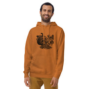 Spill Guts black ink illustration of an expressive carved jack-o'-lantern spilling stringy pumpkin pulp and seeds from its mouth beside decorative hand-lettered text on a hoodie.