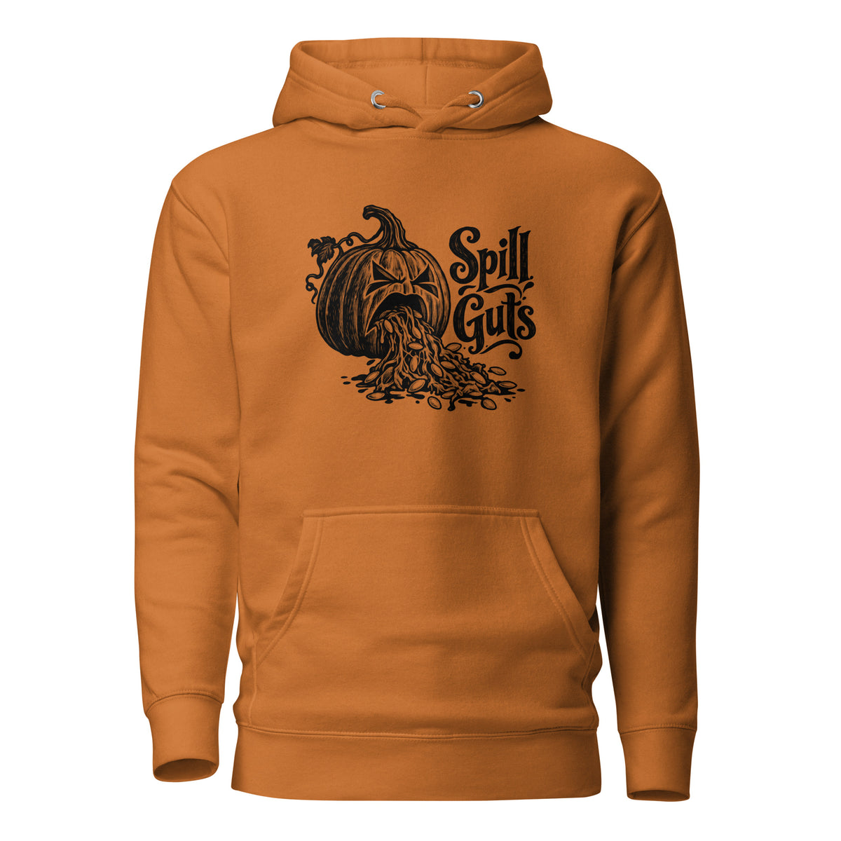 Spill Guts black ink illustration of an expressive carved jack-o'-lantern spilling stringy pumpkin pulp and seeds from its mouth beside decorative hand-lettered text on a hoodie.